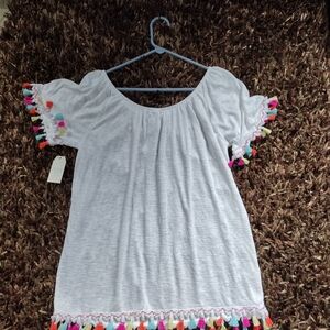 Time and Tru White Blouse with Boho Multicolor Tassels